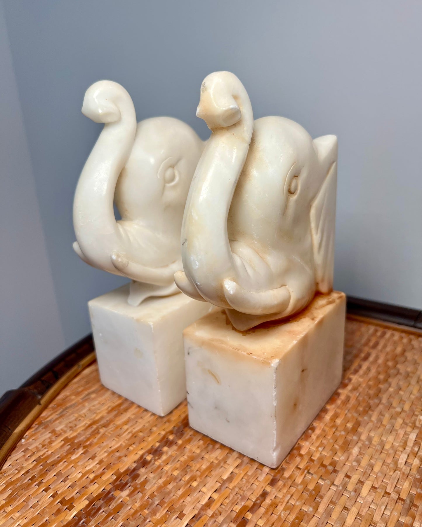 Pair Alabaster Elephant Bookends