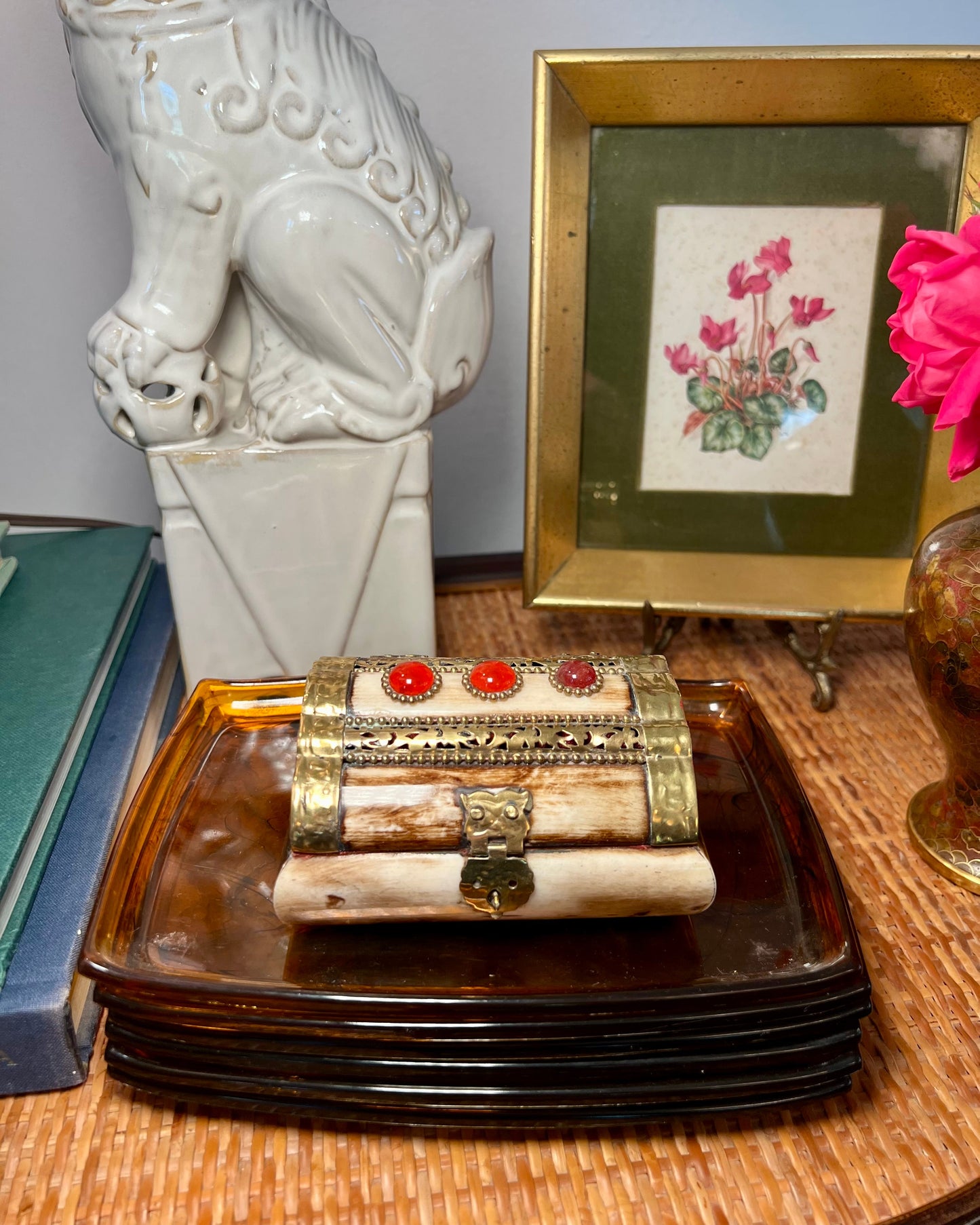 Camel Bone Box with Red Glass Jewels
