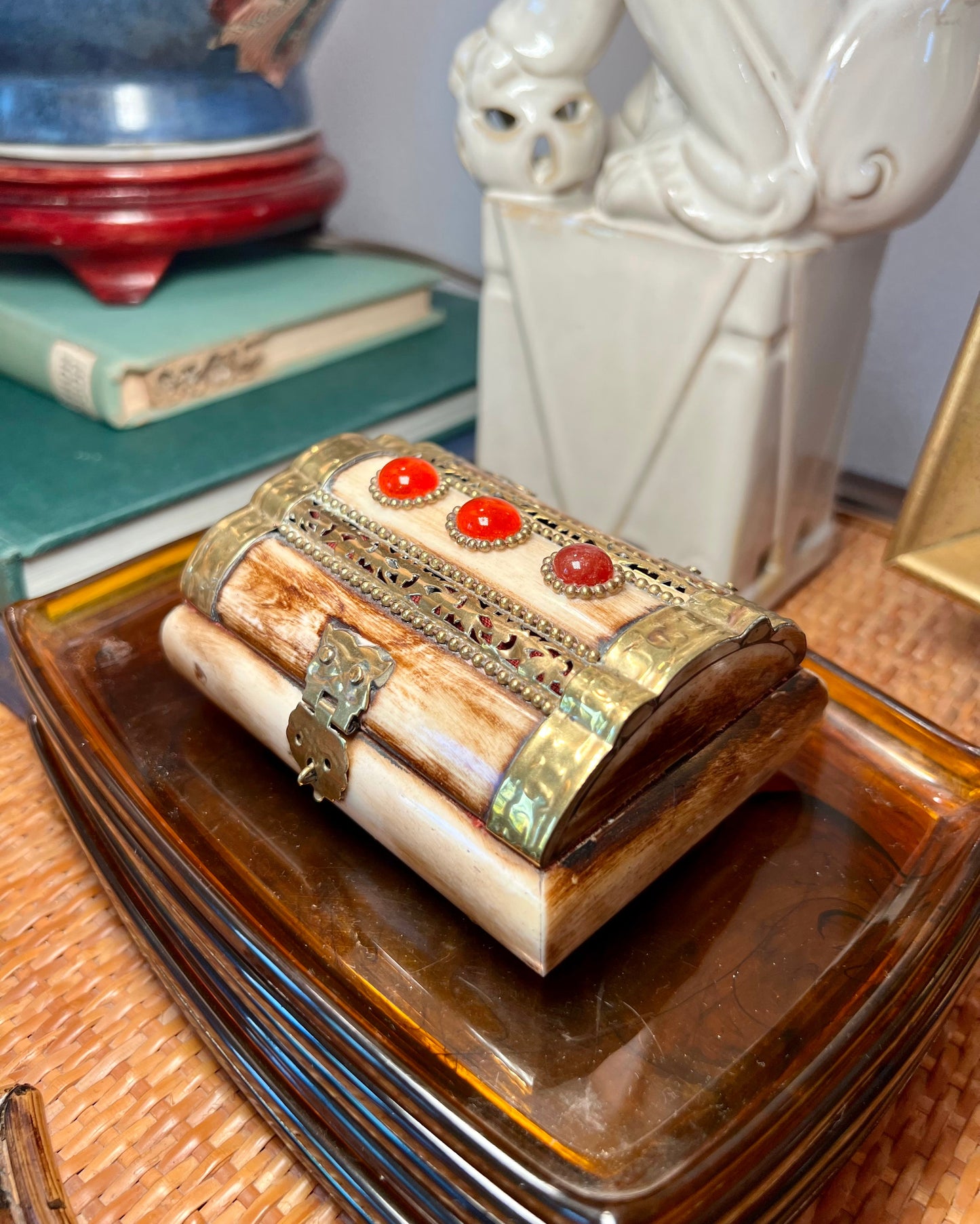 Camel Bone Box with Red Glass Jewels