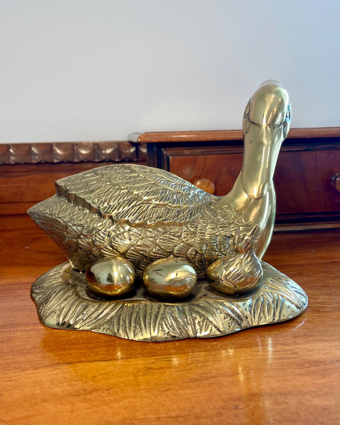 Brass Swan on Nest with Eggs