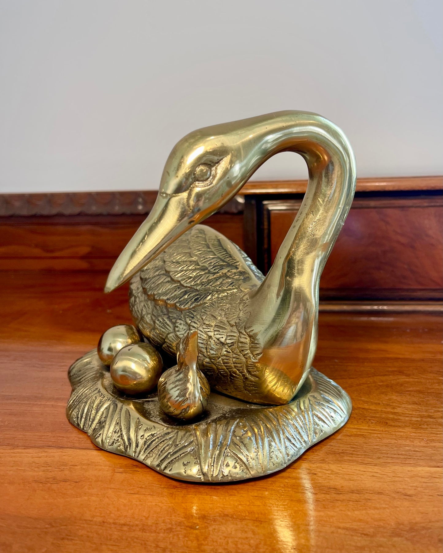 Brass Swan on Nest with Eggs