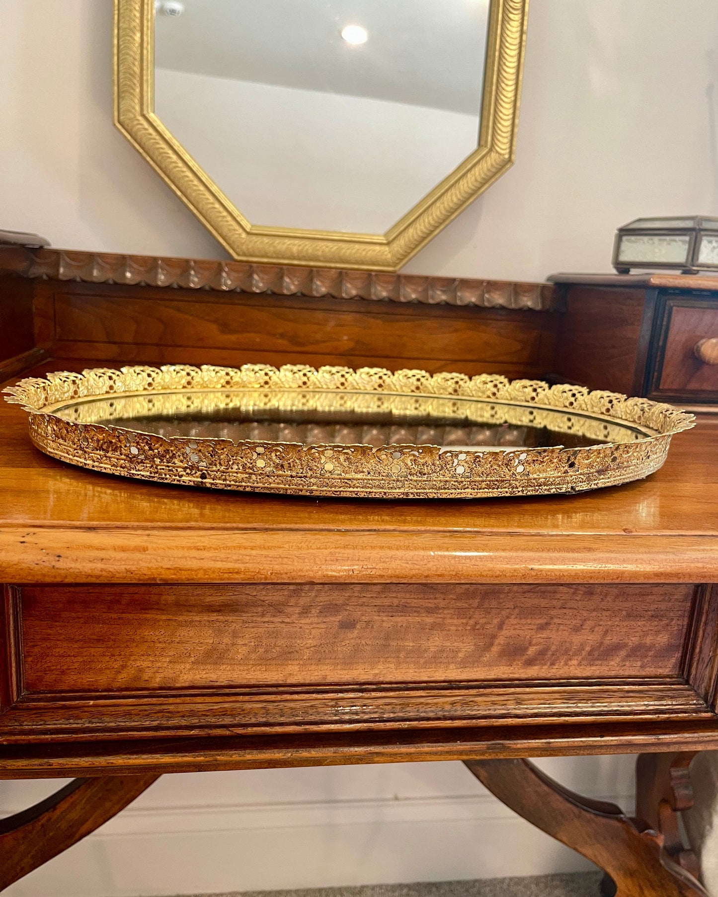 Vintage Oval Filigree Mirrored Tray