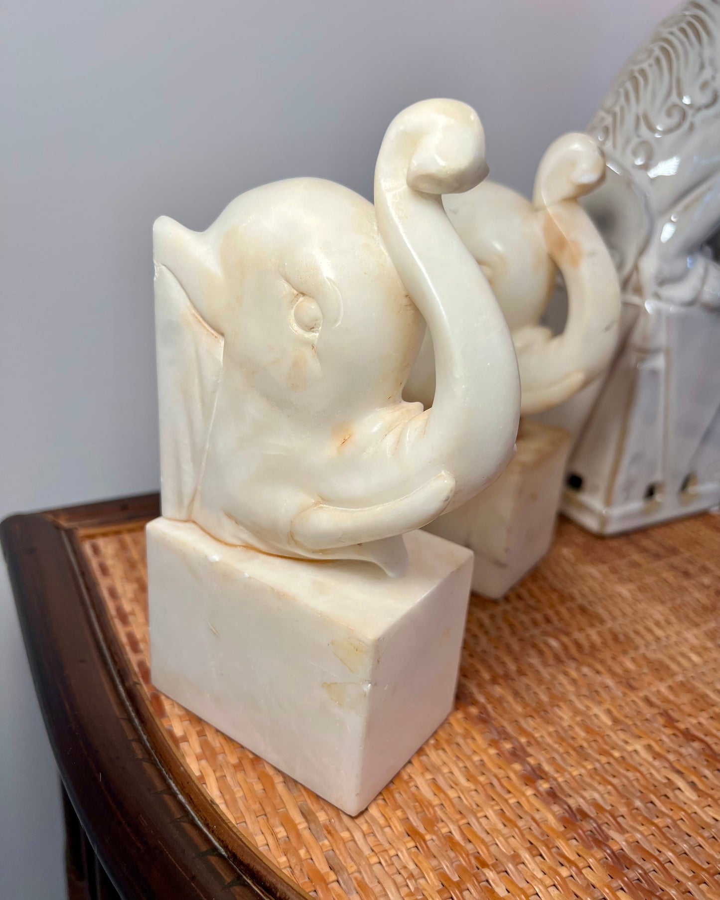 Pair Alabaster Elephant Bookends
