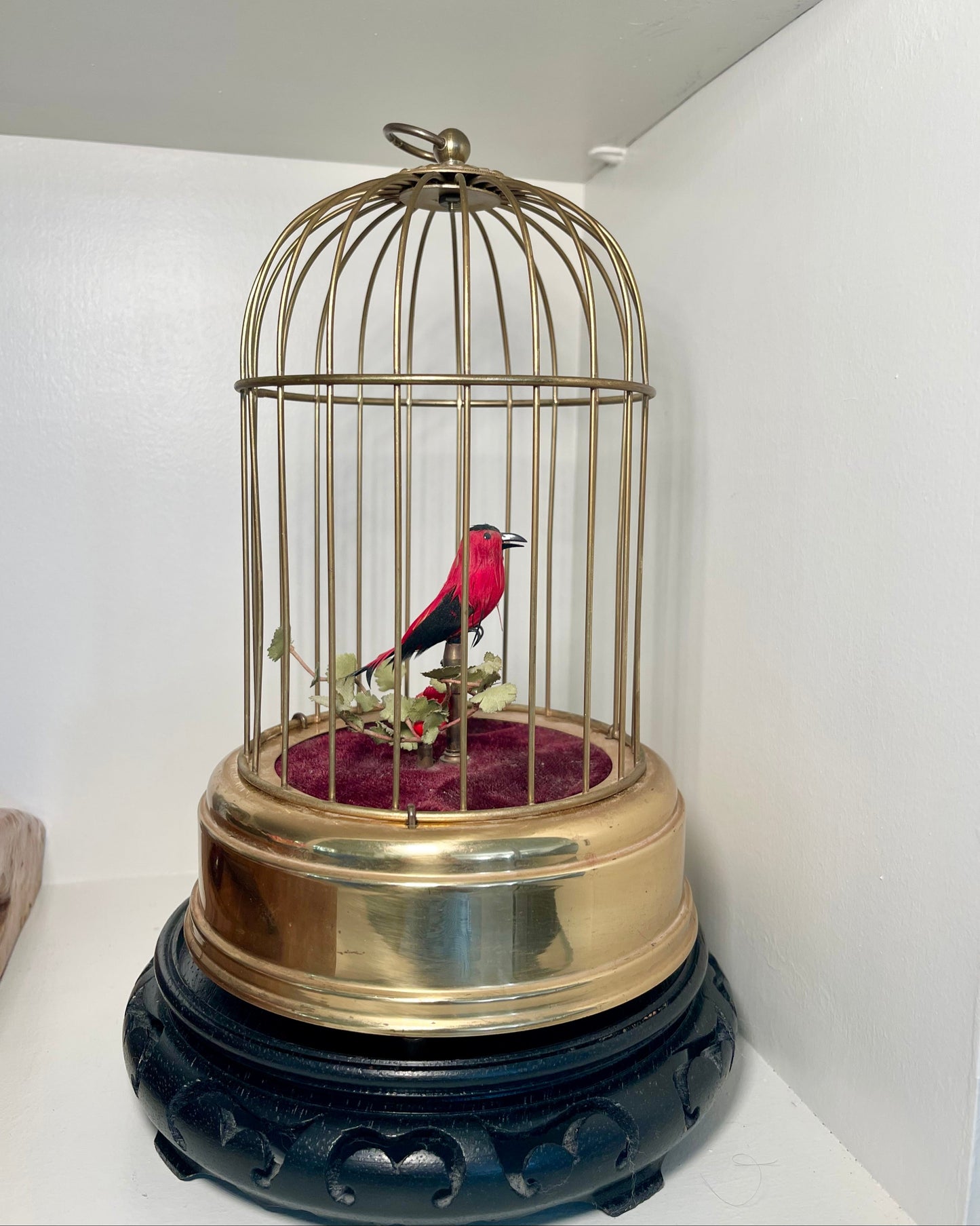Vintage German Brass Bird Cage with Red Bird