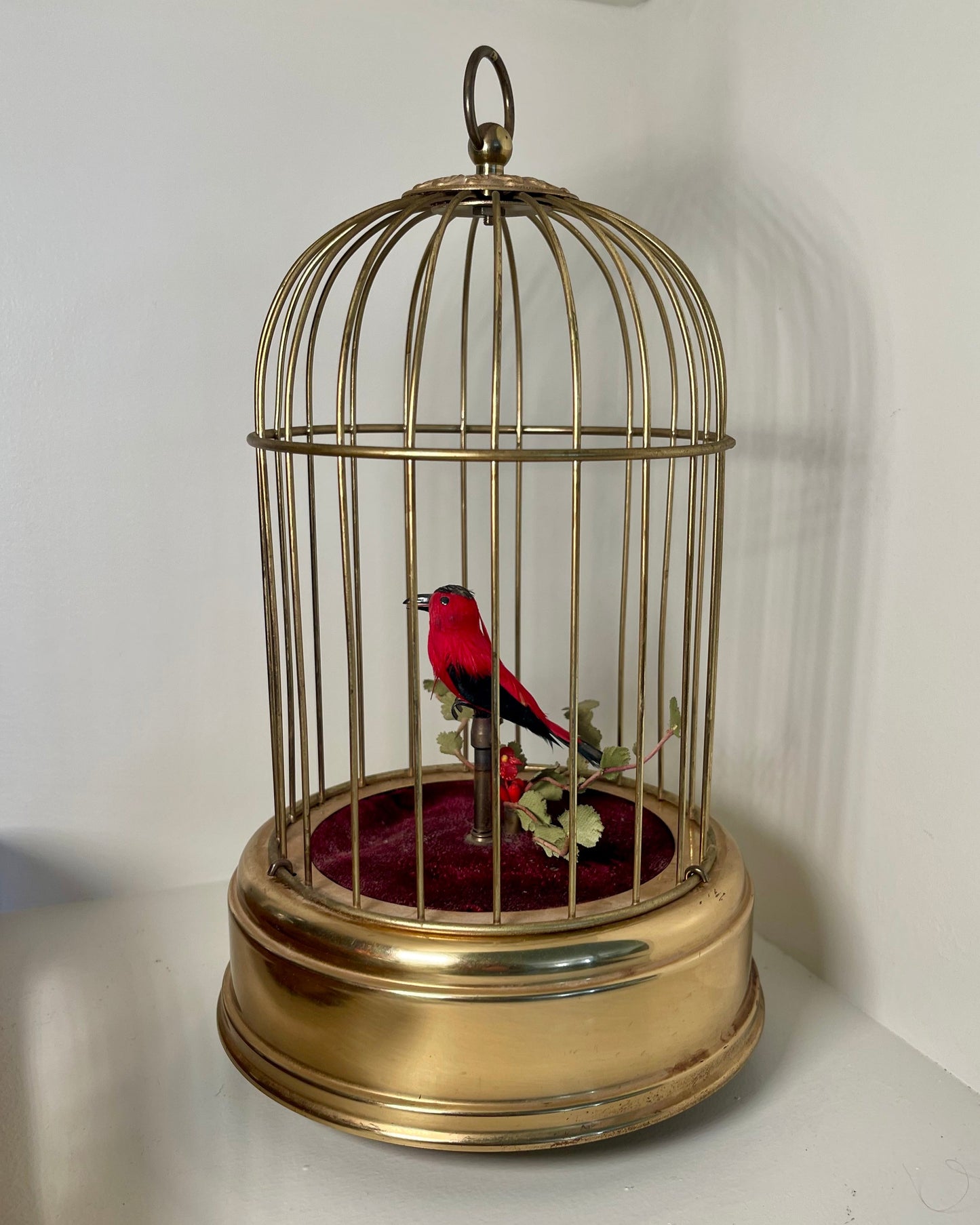 Vintage German Brass Bird Cage with Red Bird