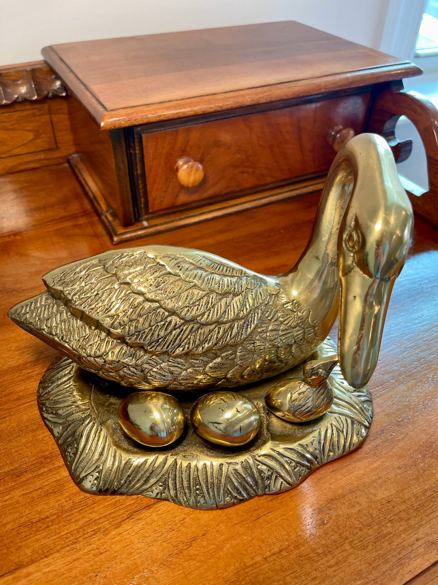 Brass Swan on Nest with Eggs