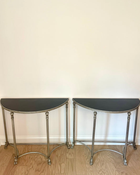 Pair Stone & Silver Demilune Tables